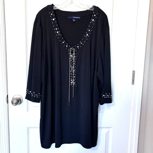 Denim 24/7 Wms 3X Black Embellished Scoop Neck Tunic Top Studded Lace Up Chain - Picture 10 of 10